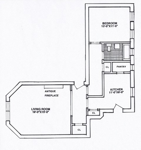 Floor plan for 1 bed, 1 bath, 710 sqft